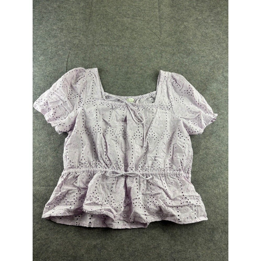 Jennifer & Grace Lavender Eyelet Cotton Peplum Blouse Square Neck Purple XL